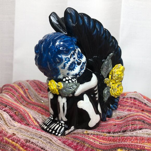 Angel Cherub Dia de Muertos Day of the Dead 5-1/4" Yellow and Blue - Picture 7 of 10